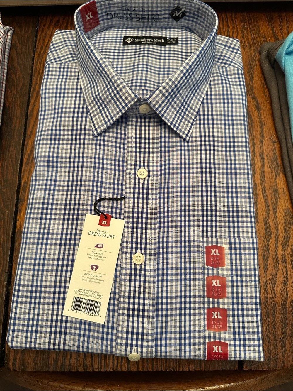 Members Mark Blue Check Spread-Collar Dress Shirt - XL